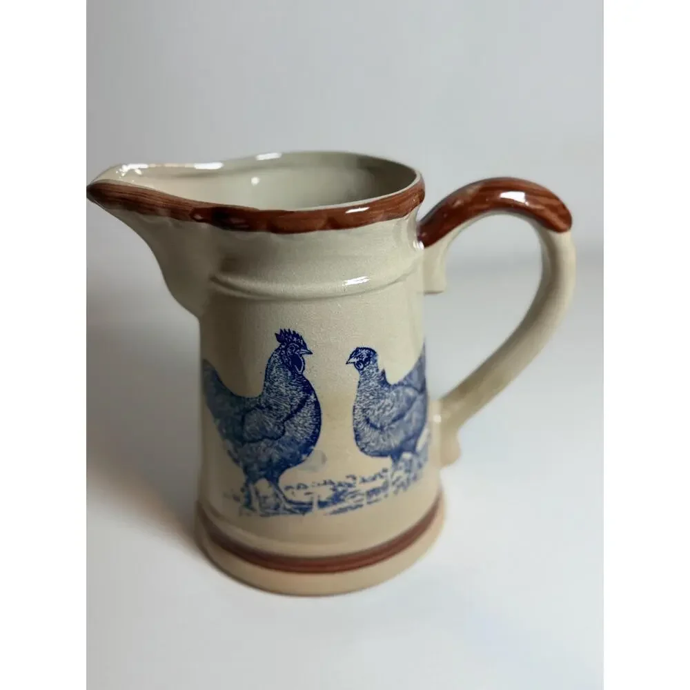 Vintage Stoneware Rooster Hen Pitcher Blue Transferware Farmhouse Decor